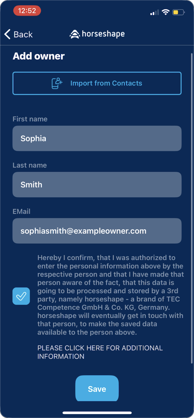 A horse owner record form in the horseshape app