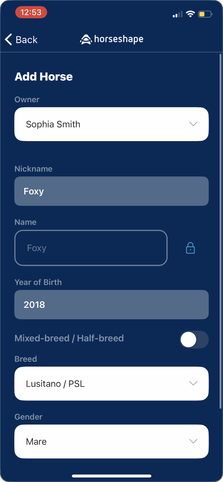 Adding a new horse profile in the horseshape app