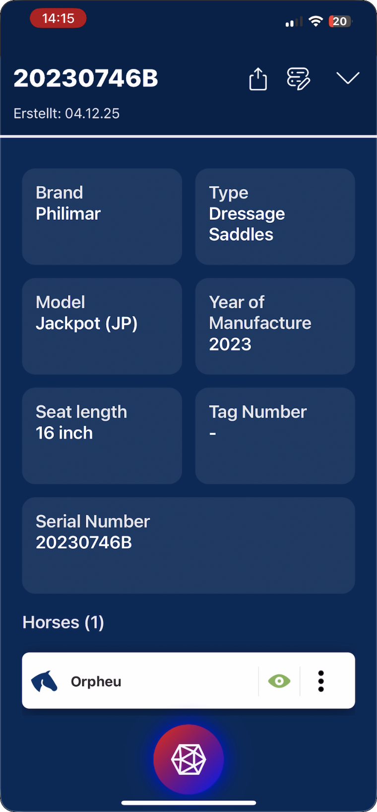 A saddle's spec sheet — brand, model, seat length, and serial number — in the horseshape app